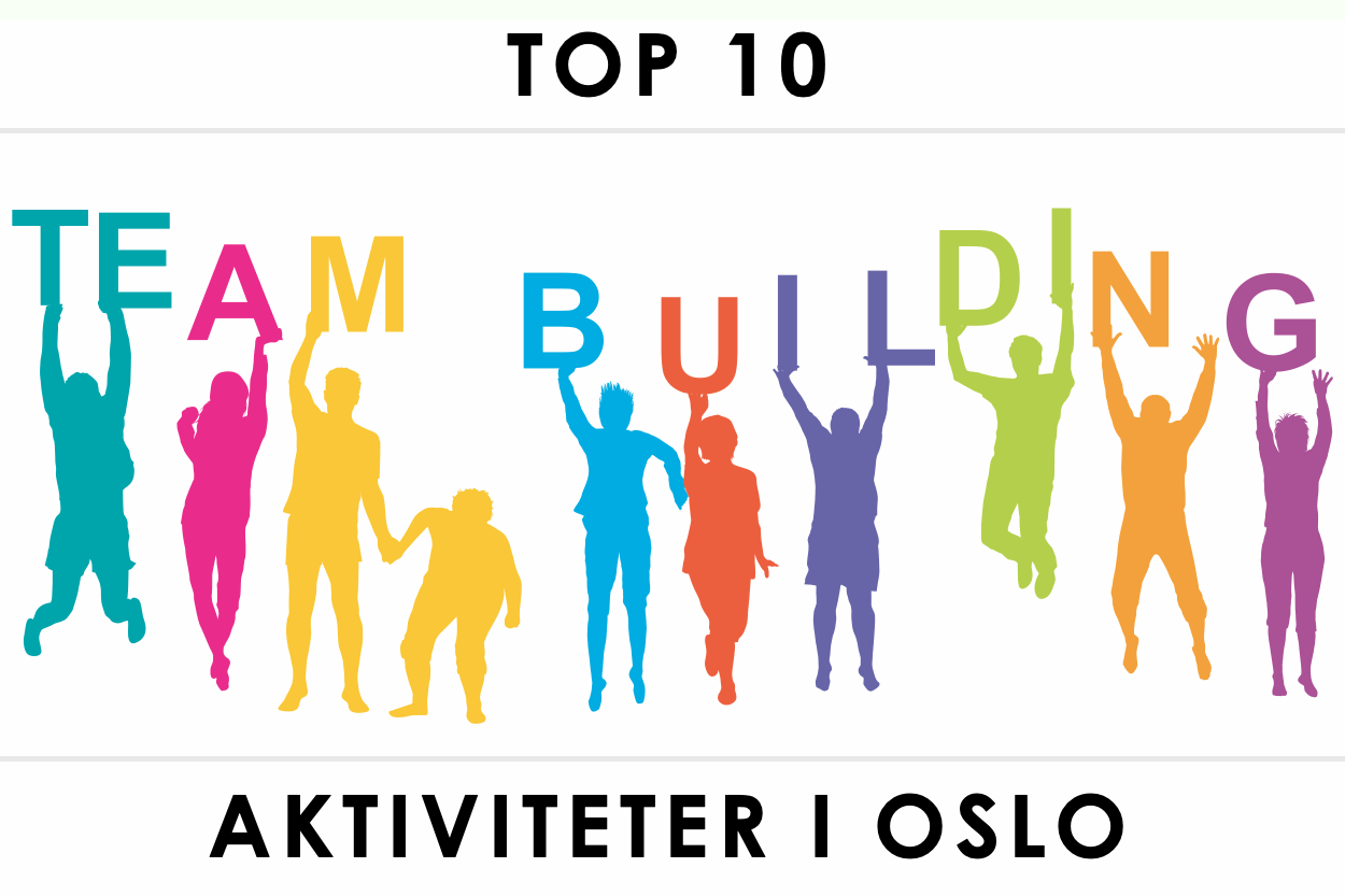 Folk i forskjellige farger henger i bokstaver med den samme fargen som dem selv. Bokstavene utgjør ordet "team building"