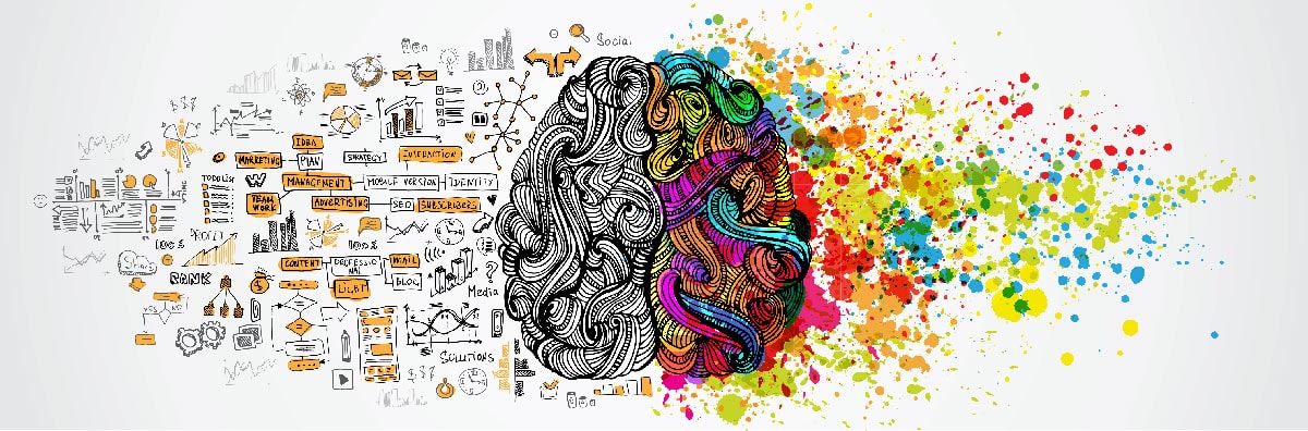 En hjerne med farge på høyre side og svart-hvitt på venstre side. Utenfor hjernen er det fargede sprutemønstre på høyre side og tankekart på venstre side utenfor hjernen